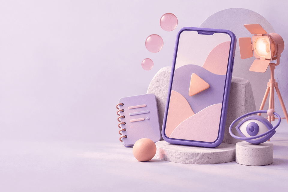 Violet phone, notebook and filming light in a soft editorial still life